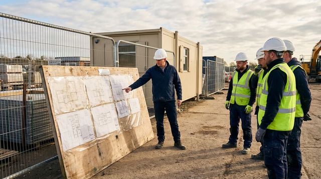 Construction workers in PPE reviewing health and safety documents on a building site