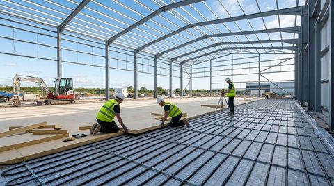 Cold store floor build-up under construction with under-slab heating pipe loops and insulation boards laid over a membrane