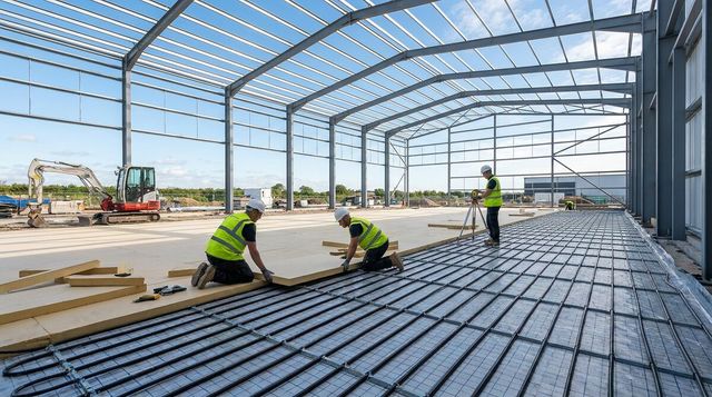 Cold store floor build-up under construction with under-slab heating pipe loops and insulation boards laid over a membrane