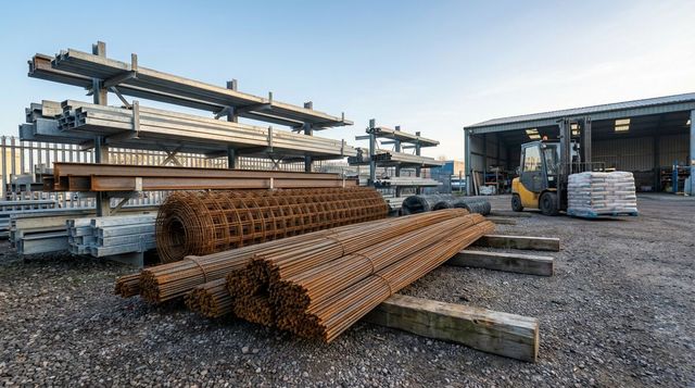 Steel reinforcement bars and construction materials stockpiled on a UK building site