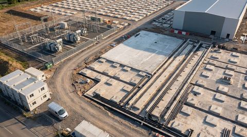 Aerial view of a UK data centre construction site showing raft foundations, drainage runs, and a substation compound