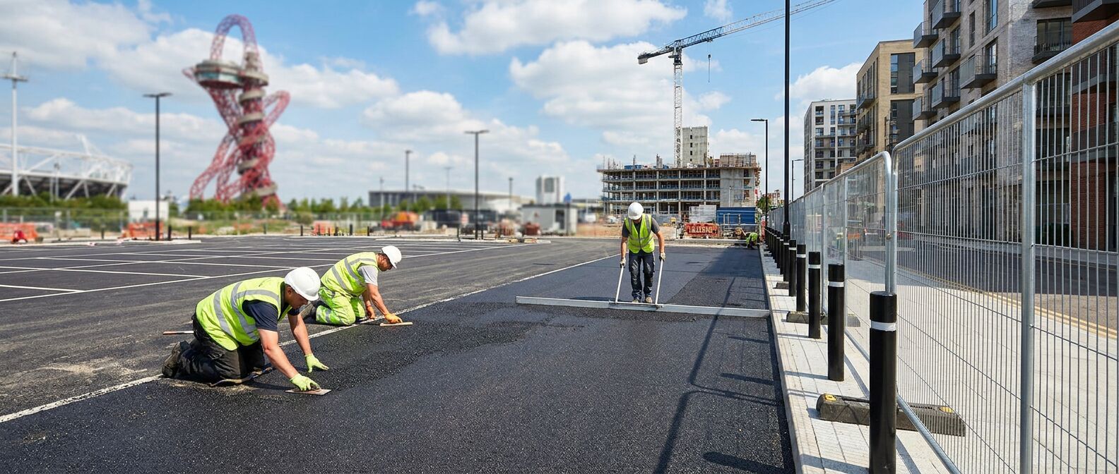 Rospower groundworks crew finishing a freshly laid asphalt car park at a Stratford East London site, with the ArcelorMittal Orbit, the Olympic Stadium, modern apartment blocks and a tower crane visible behind