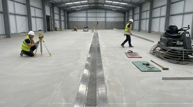 Food-grade concrete floor laid to falls with a stainless steel channel drain and a worker checking levels with a laser