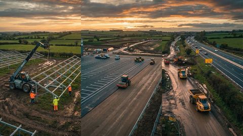 UK construction site with renewable energy infrastructure and civil engineering works in progress