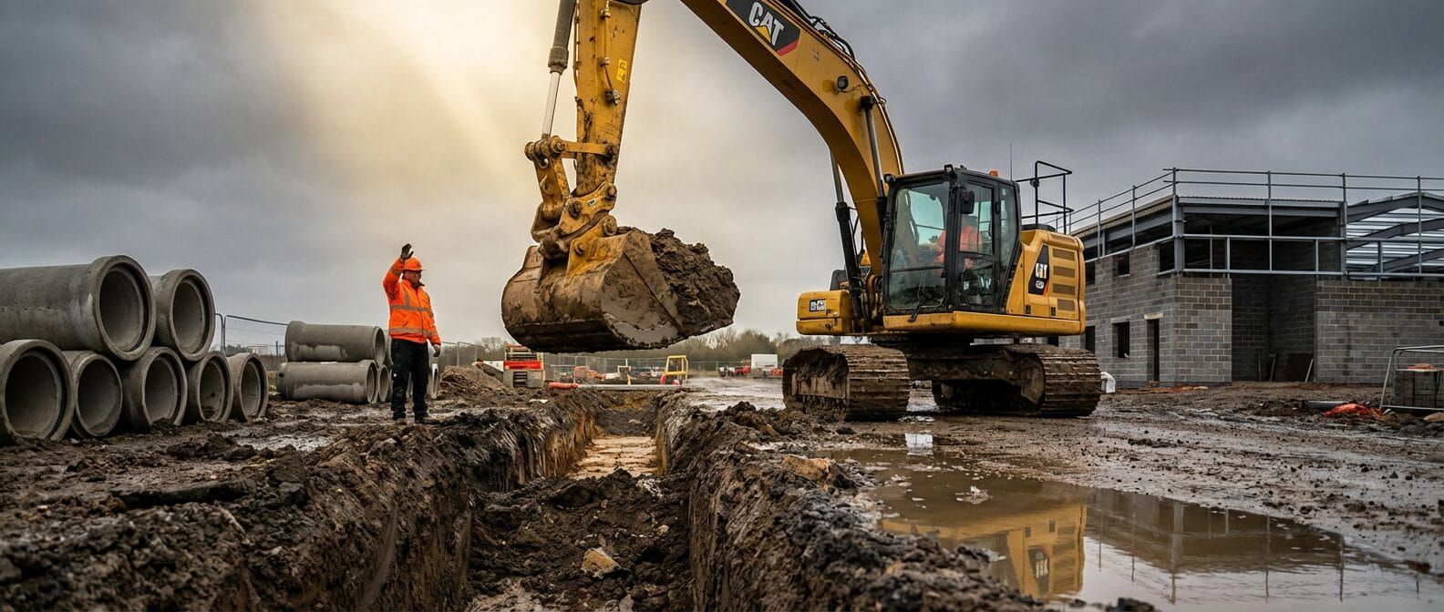 Civil engineering site with groundworks machinery and infrastructure