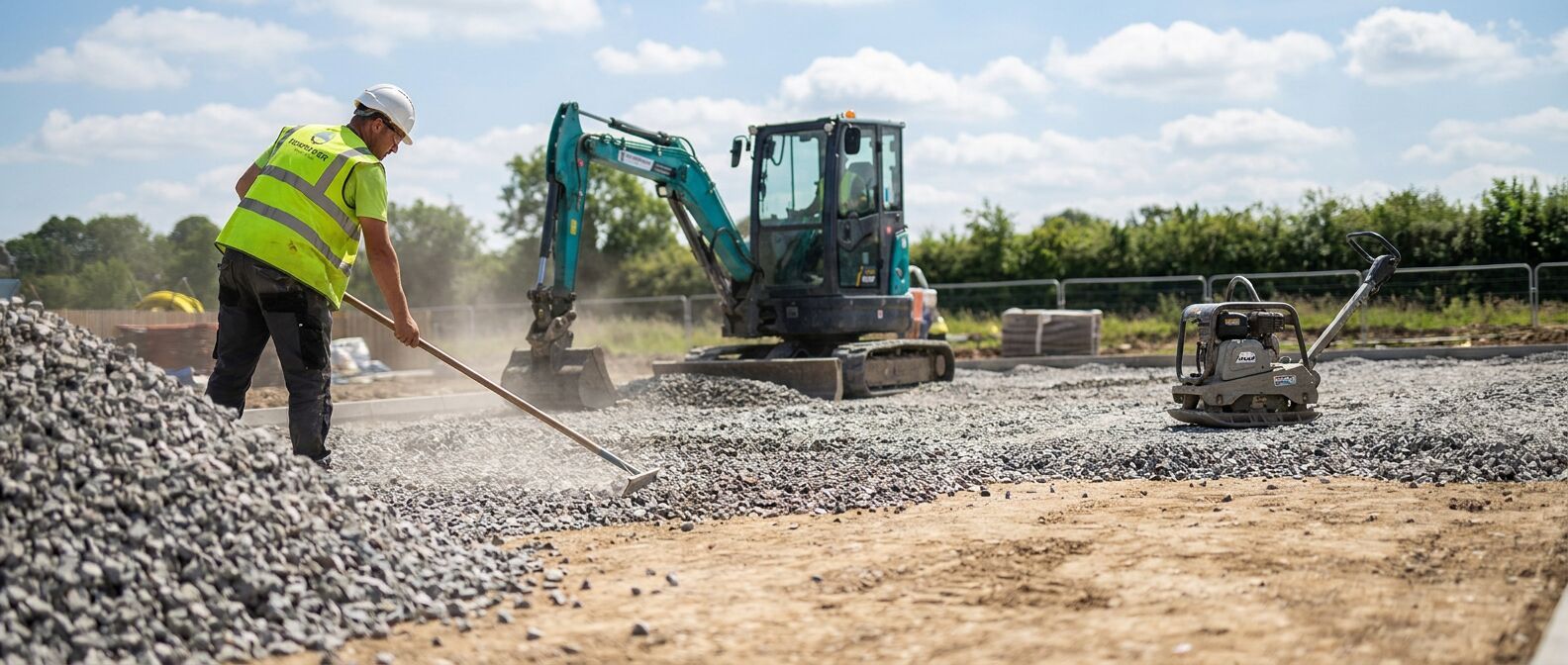 A groundworker in lime hi-vis levelling a layer of crushed MOT Type 1 sub-base over a compacted formation on a UK construction site