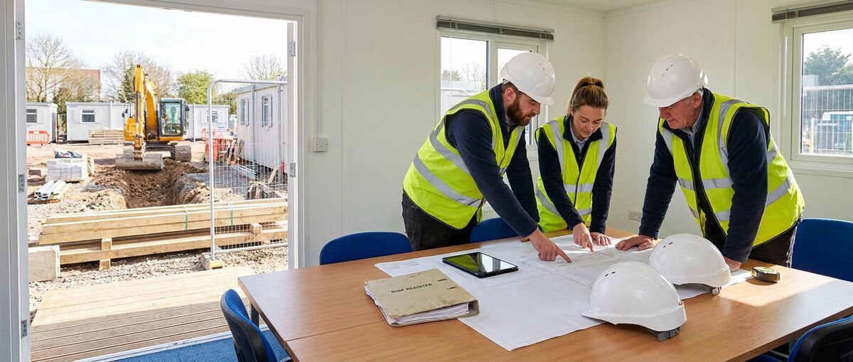 Construction project dutyholders reviewing site drawings in a UK site office
