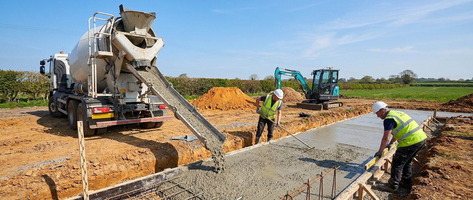 Ready-mix concrete being discharged from a mixer truck chute into a strip foundation on a UK construction site