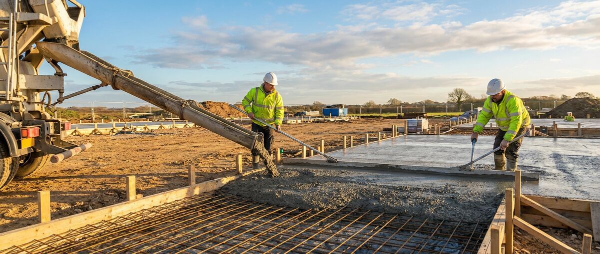 Concrete being poured into reinforced foundation formwork on a construction site