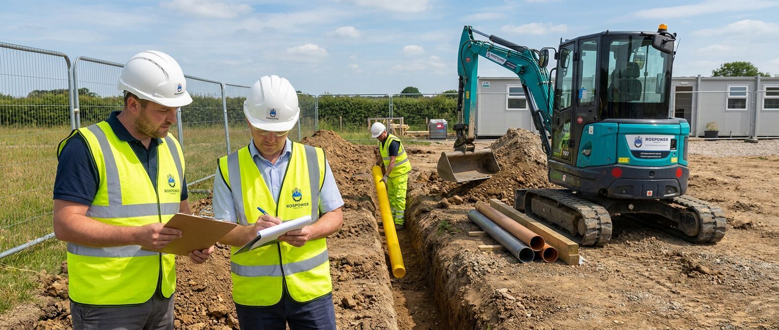 A site supervisor in lime hi-vis and a white hard hat recording labour and plant hours on a daywork sheet beside a drainage trench on a UK civil engineering site
