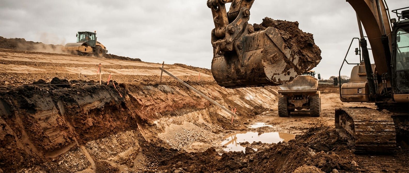 Earthworks excavation on a UK construction site with digger and dumper