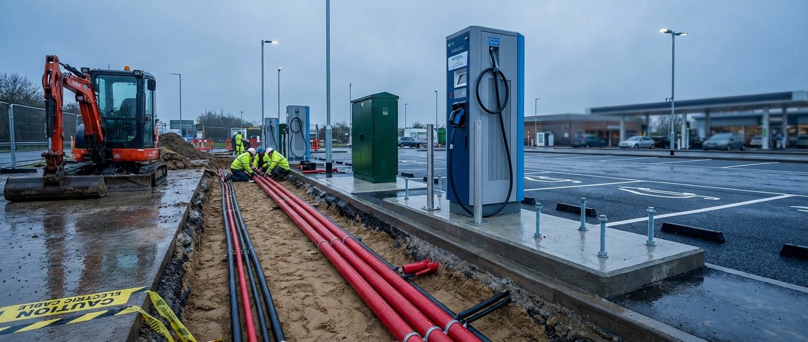 EV charging infrastructure installation with cable ducting and groundworks