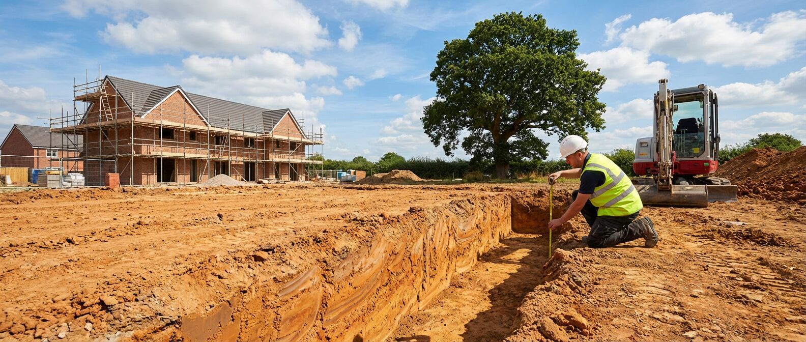 Strip foundation trench dug in clay soil with mature deciduous tree visible nearby on a UK residential construction site