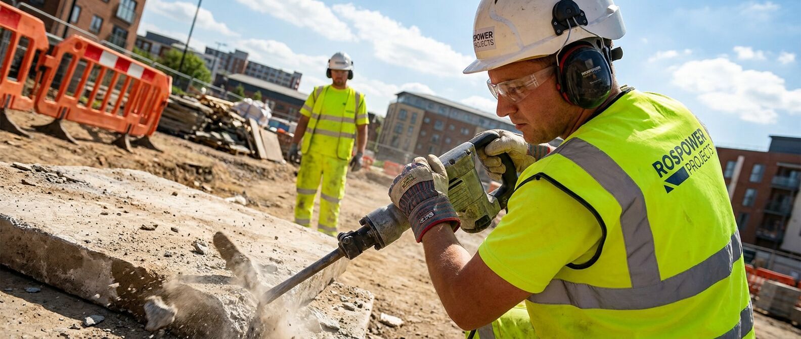 Worker in hi-vis and white hard hat gripping a handheld pneumatic breaker on a UK site