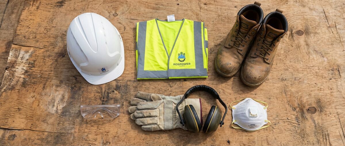 Construction PPE kit laid out: hard hat, hi-vis, boots, safety glasses, gloves, hearing defenders, FFP3 mask