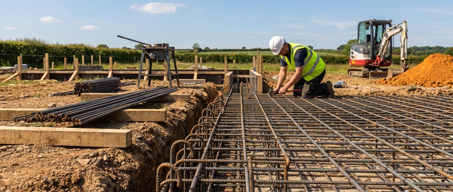Tied reinforcement mat in a freshly excavated UK strip foundation, with bent and straight rebar visible