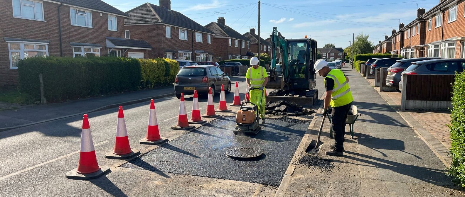 Utility trench cut across a UK road being reinstated in compacted layers with a plate compactor