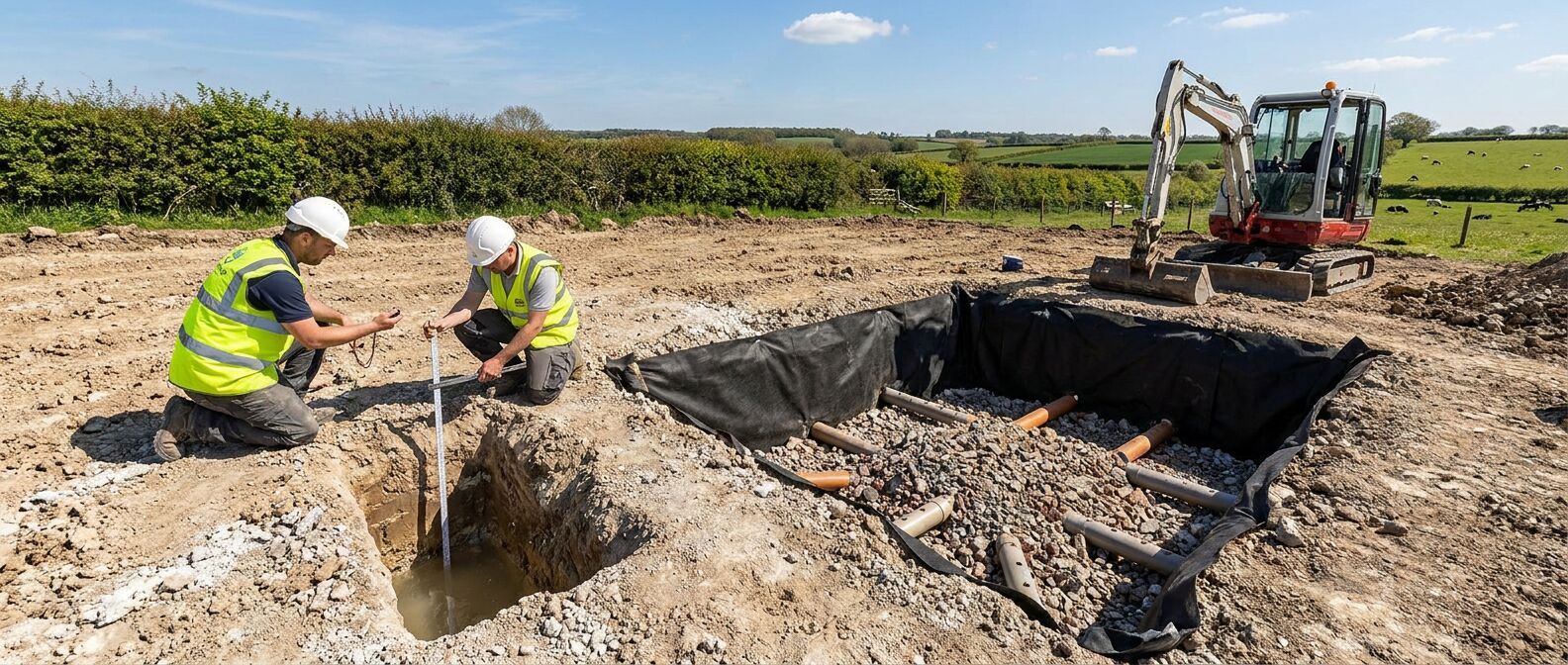 Excavated soakaway pit on a UK rural construction site with a percolation test pit alongside