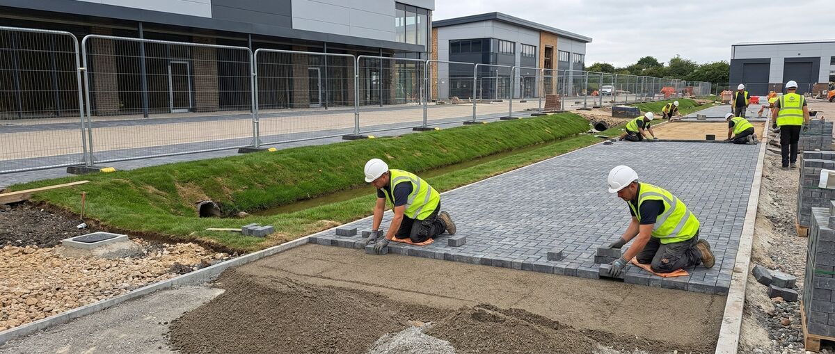 Workers installing permeable block paving as part of a sustainable drainage system on a UK commercial development