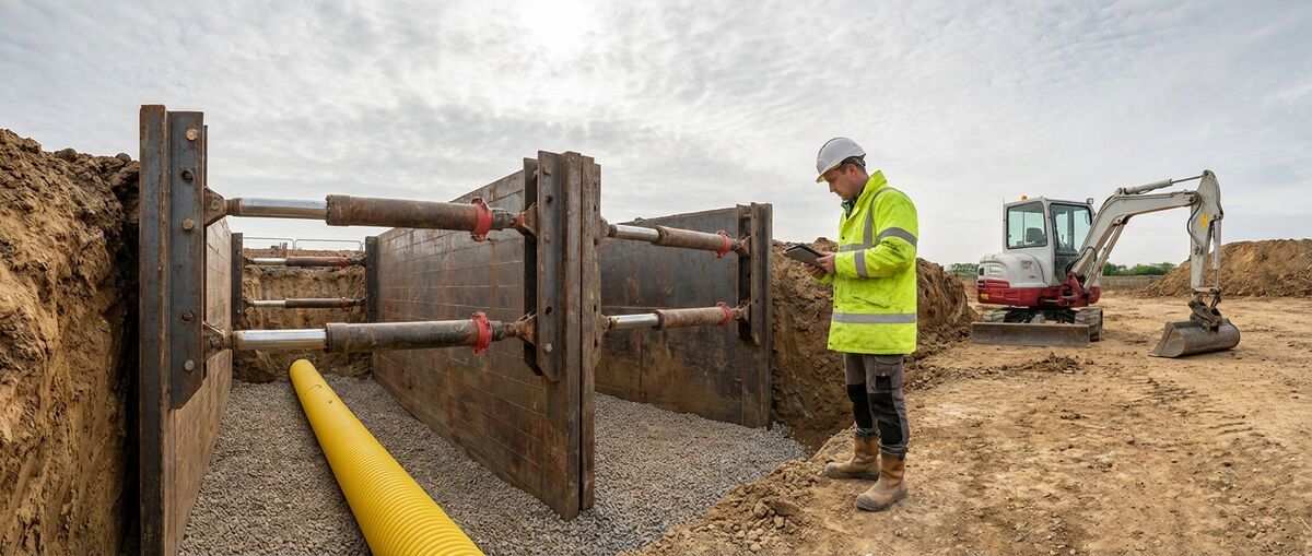 Trench support system installed in deep excavation on a UK construction site