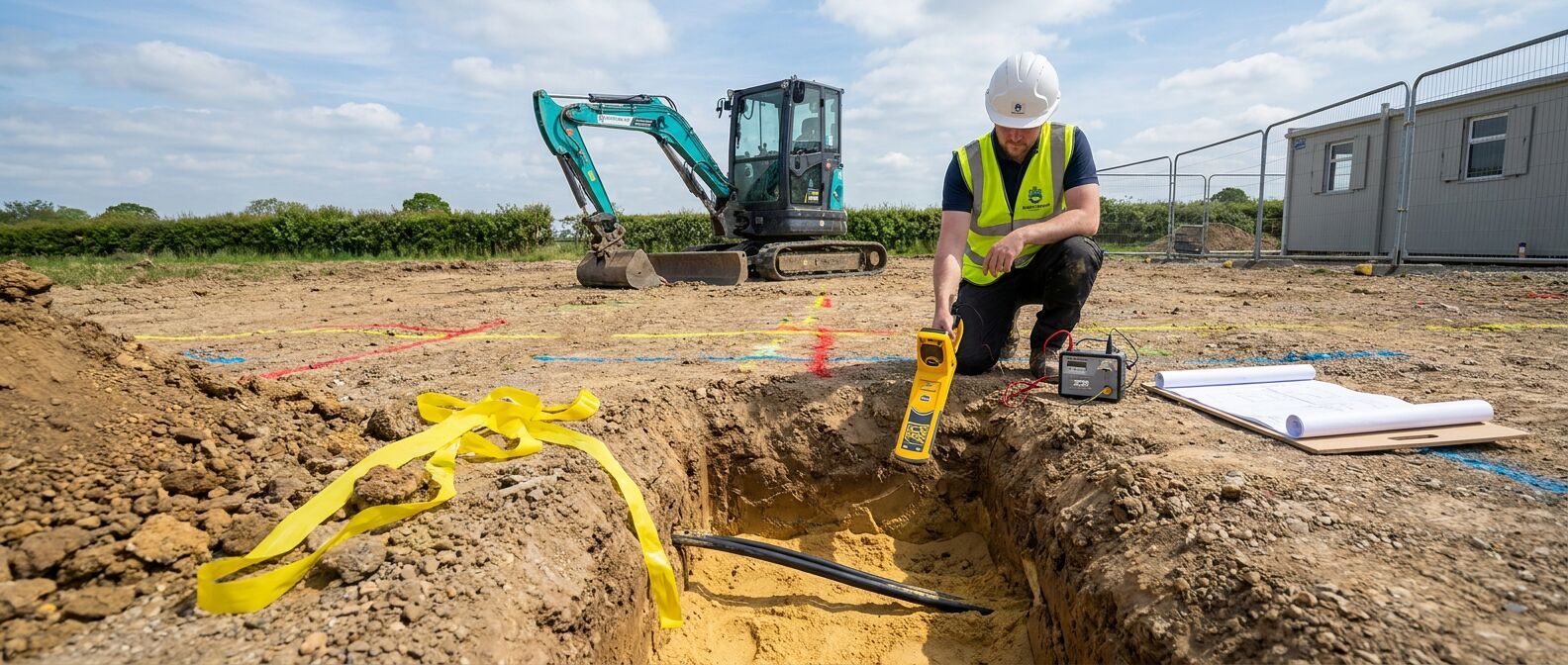 Groundworker using a cable avoidance tool beside marked buried services on a UK construction site
