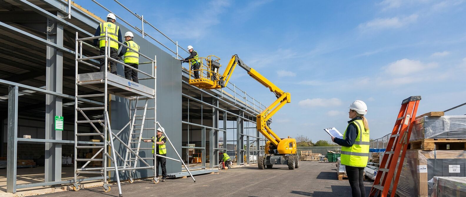 UK construction supervisor selecting working at height equipment beside a scaffold tower and site drawings