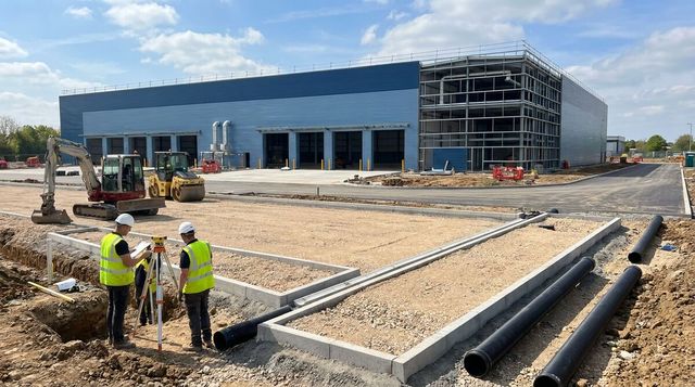 Workers preparing drainage and heavy-duty hardstanding at a UK logistics yard under construction