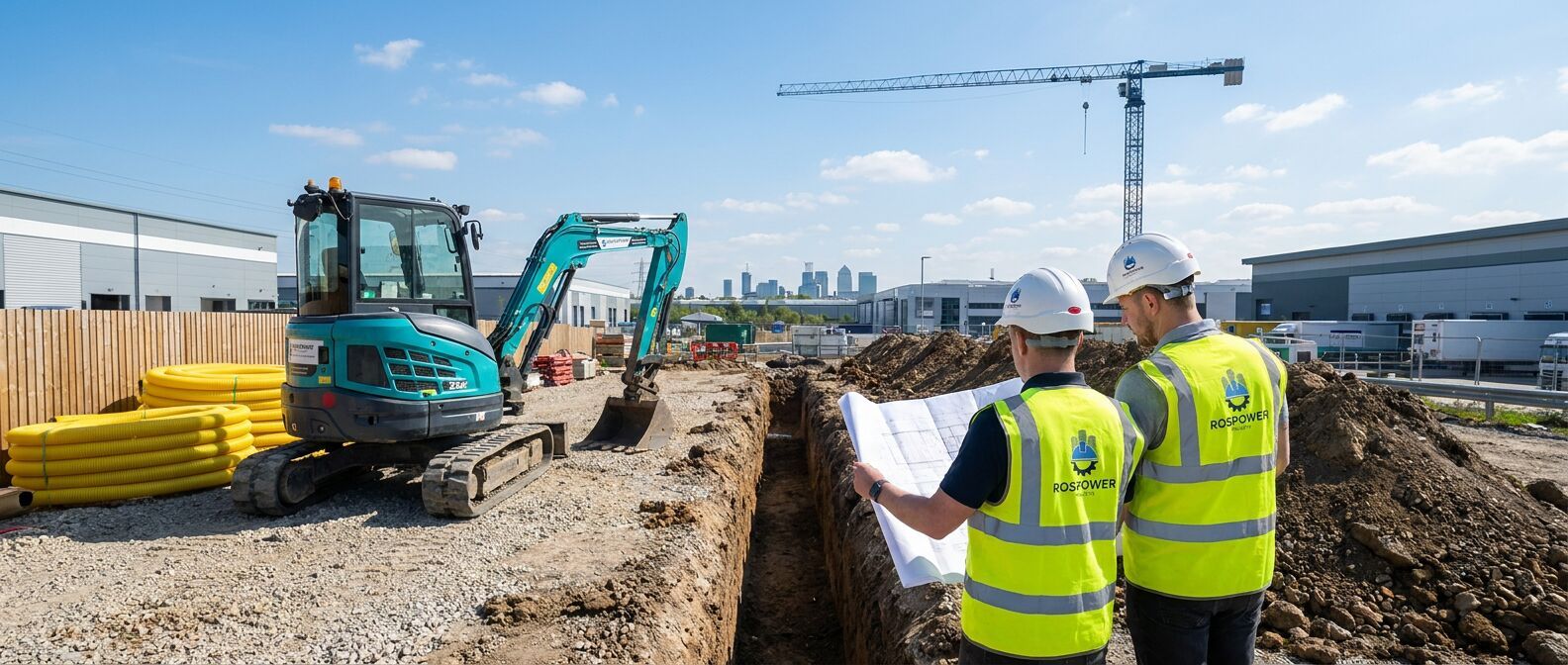 Two Rospower-branded workers in lime-green hi-vis reviewing site drawings beside a freshly excavated drainage trench, with a teal Rospower mini excavator, yellow drainage pipes, modern logistics estate and the Canary Wharf skyline in the background