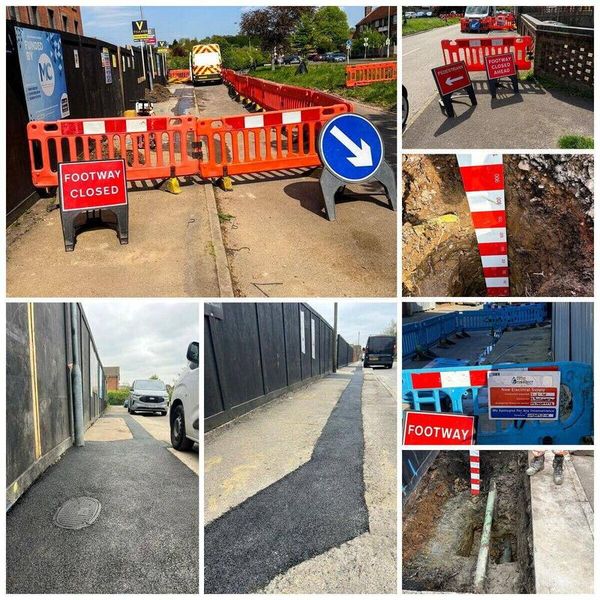 LV electricity network installation on Aycliffe Road, Borehamwood: footway closures and pedestrian diversion signage, trench depth measurement, exposed services, and completed tarmac reinstatement