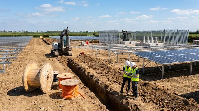 Civil engineering workers inspecting cable trench at half-built UK solar farm with substation compound under construction in background