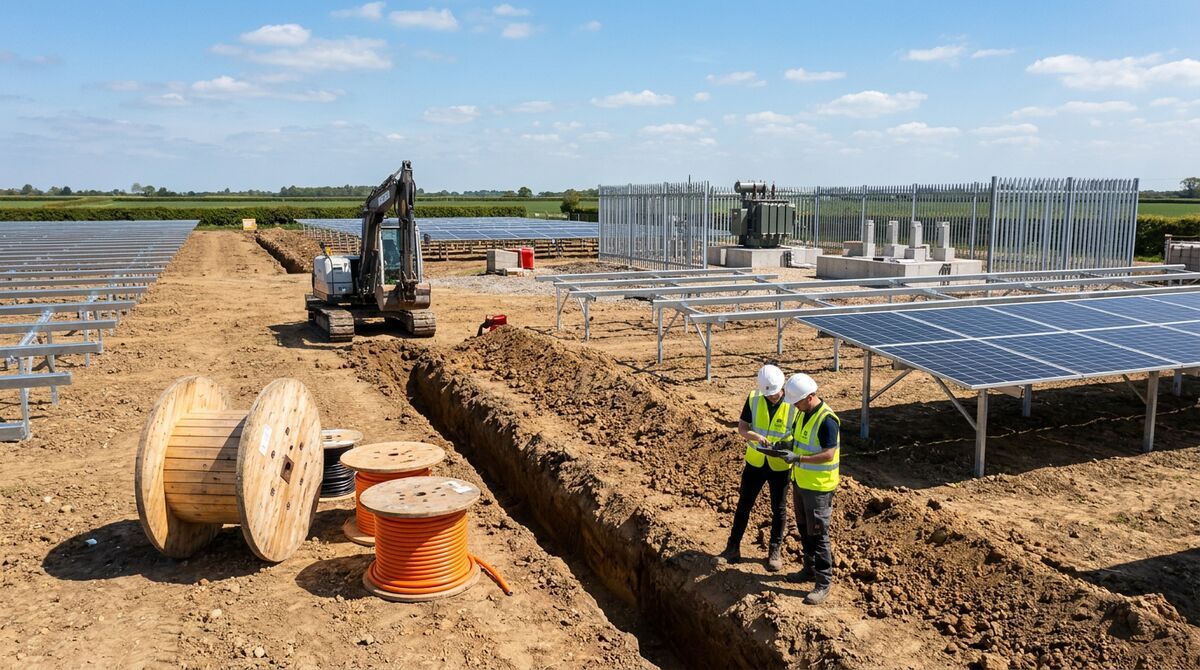 Civil engineering workers inspecting cable trench at half-built UK solar farm with substation compound under construction in background