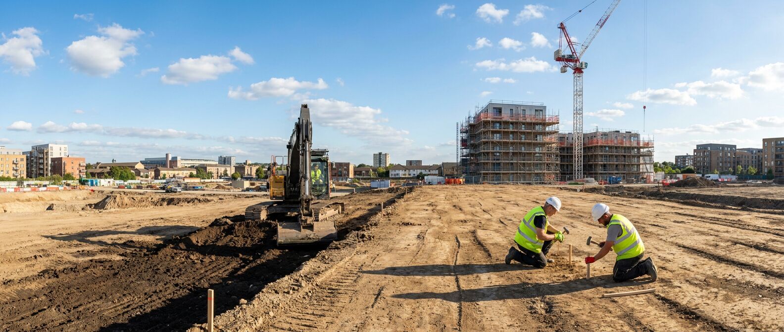 Large enabling-works civil engineering site in North London with a tracked excavator stripping topsoil, two surveyors in hi-vis placing pegs, and a scaffolded apartment block and tower crane behind in the Brent Cross regeneration corridor