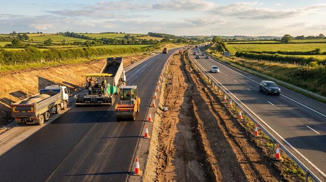 UK motorway construction with earthworks and drainage installation in progress