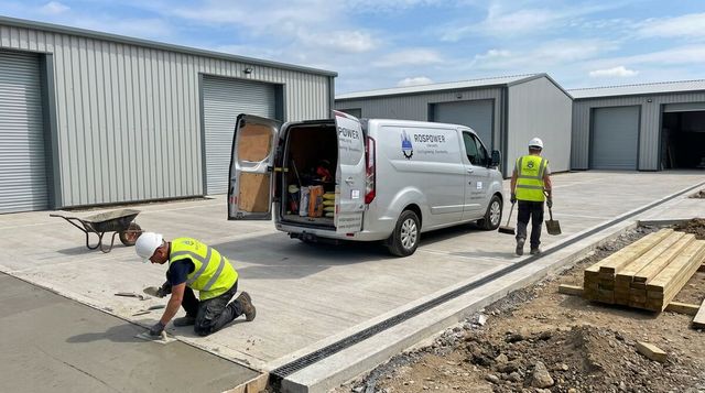 Small UK industrial unit terrace under construction with a freshly laid concrete floor slab and service yard