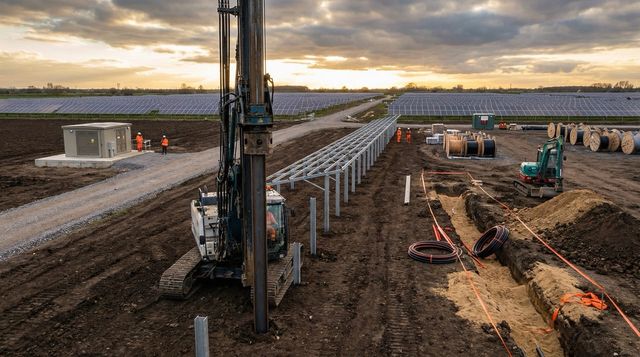 Solar panel array installation with civil engineering groundworks and cable trenching in progress