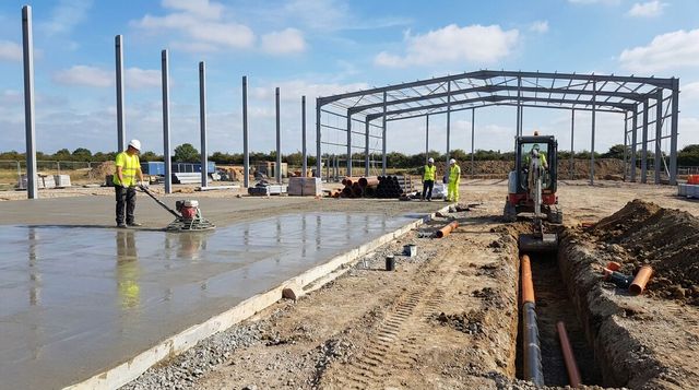 Warehouse groundworks in progress with a fresh concrete floor slab, a drainage trench and steel frame columns going up on a dry day