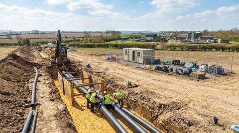 Workers laying large-diameter water mains in a deep trench on a UK water infrastructure construction site