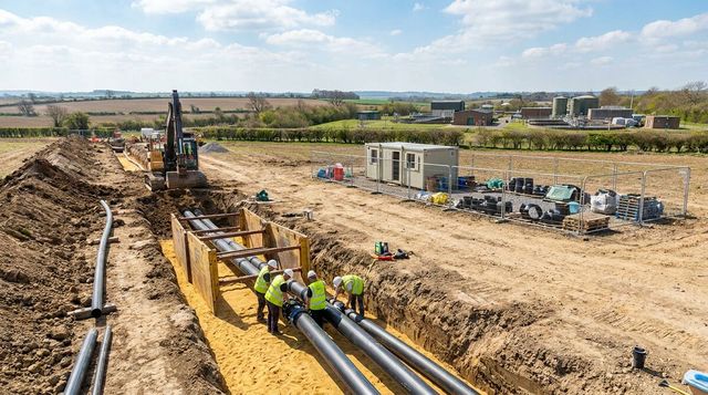 Workers laying large-diameter water mains in a deep trench on a UK water infrastructure construction site