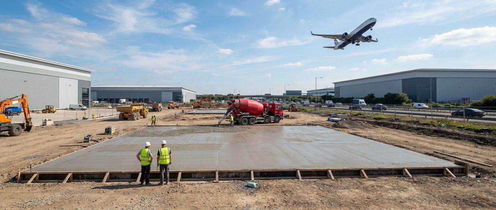 Large freshly poured concrete slab foundation for a warehouse at a West London logistics park, two Rospower workers in hi-vis surveying the pour with a red ready-mix truck in the middle distance, distribution warehouses flanking the site and a commercial airliner climbing out of Heathrow overhead